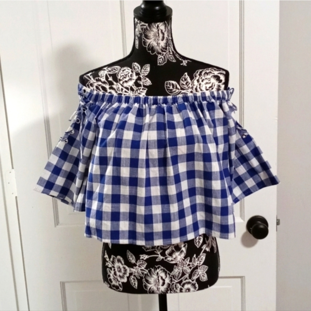 🆕 🌊Three Days🌊 - Blue/White Gingham OTS Cropped Top